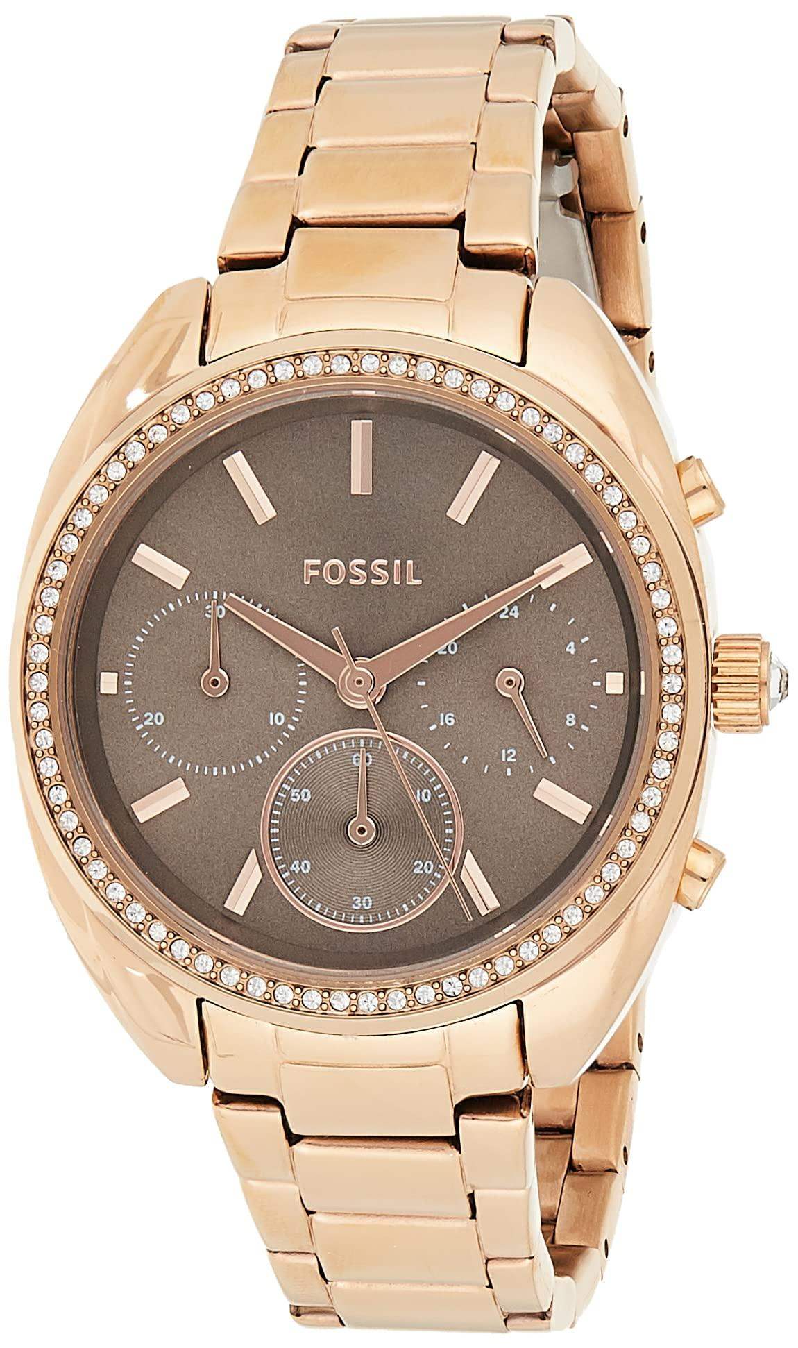 Fossil Vale Sport BQ3659 rose gold-tone chronograph watch with grey sunray dial and crystal-set bezel on stainless steel bracelet