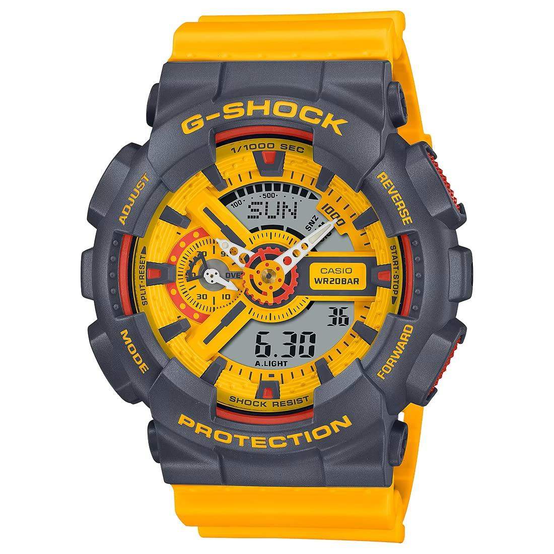 Casio G-Shock GA-110Y-9ADR quartz chronograph watch with yellow resin strap and grey case, featuring analogue-digital display and 200m water resistance