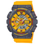Casio G-Shock GA-110Y-9ADR quartz chronograph watch with yellow resin strap and grey case, featuring analogue-digital display and 200m water resistance