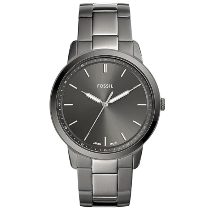 Fossil Minimalist FS5459 front view with grey sunray dial and stick indices
