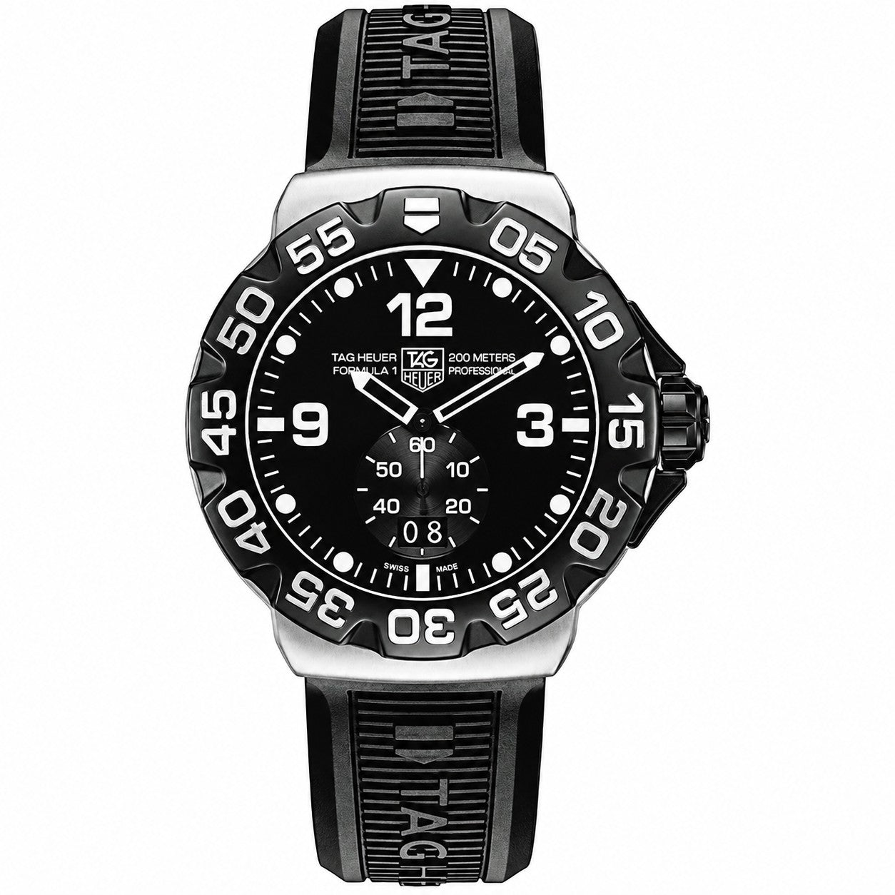 TAG Heuer Formula 1 Grande Date WAH1010 pre-owned quartz dive watch with black dial, 44mm stainless steel case, unidirectional bezel, and rubber strap