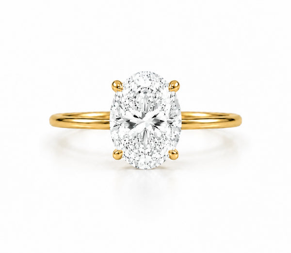 9ct yellow gold engagement ring with 2.00ct oval lab grown diamond in four-prong solitaire setting