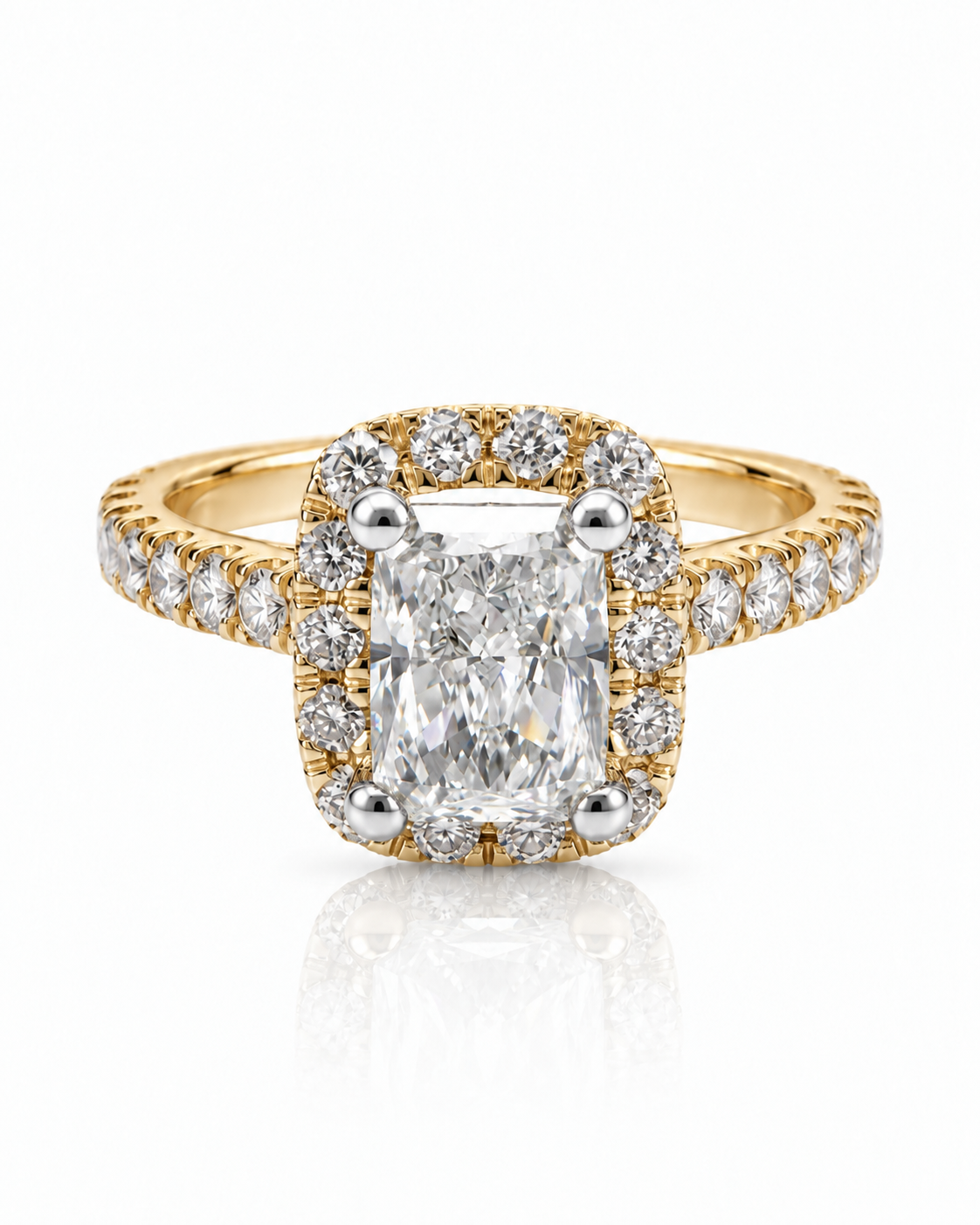 9ct yellow gold radiant cut lab grown diamond halo engagement ring with pavé band by Cassims & Co.