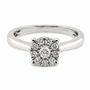 9ct white gold round cluster diamond engagement ring with halo setting on white background
