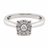 9ct white gold round cluster diamond engagement ring with halo setting on white background