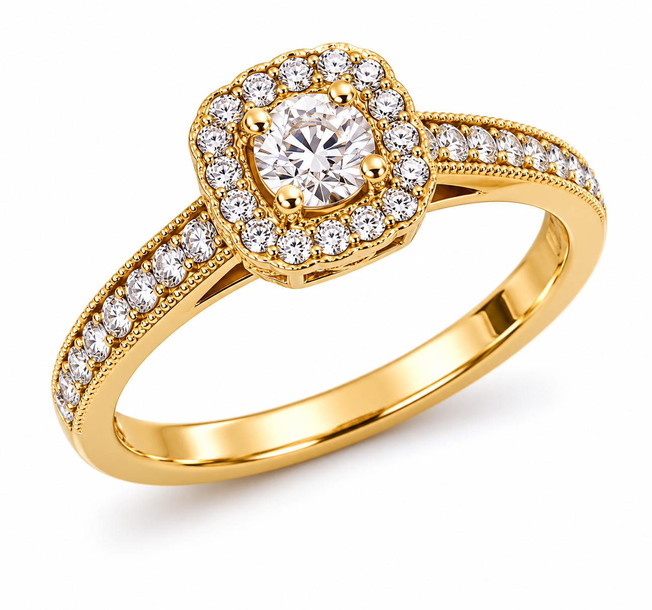 9ct Yellow Gold Halo Cushion Cut Diamond Ring 1102002