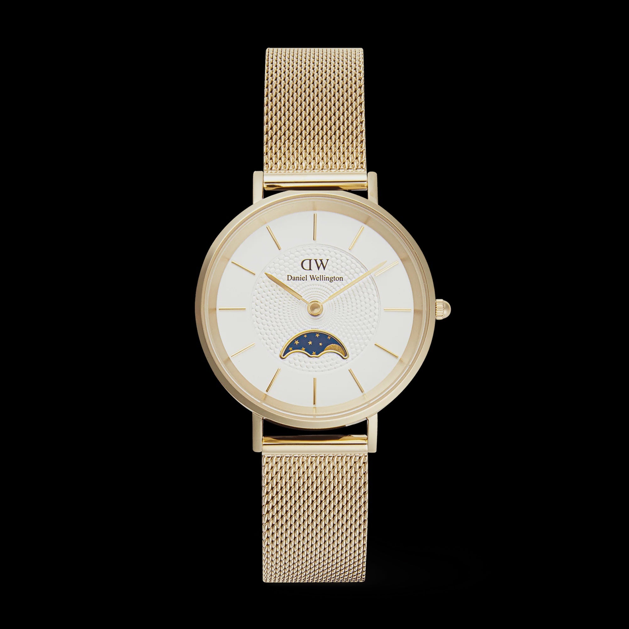 Daniel Wellington DW00100771 moon phase watch with white textured dial, gold-tone 32mm round case, and gold mesh bracelet on black background