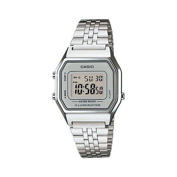 Casio LA680WA-7DF retro digital watch with rectangular silver case and stainless steel bracelet on white background