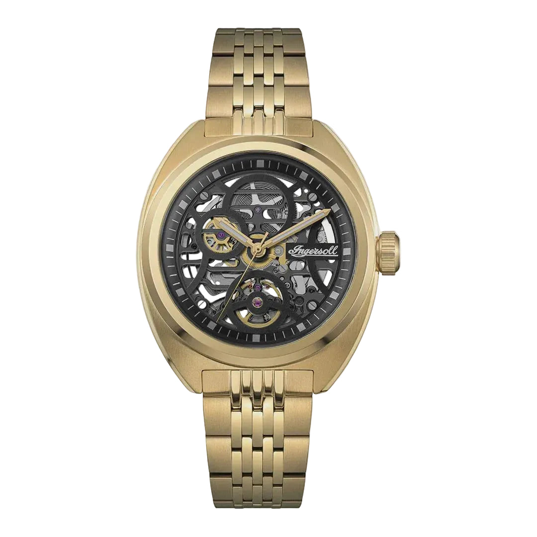 Ingersoll The Wrangler I16902 automatic skeleton dial watch with gold PVD stainless steel case and bracelet on white background