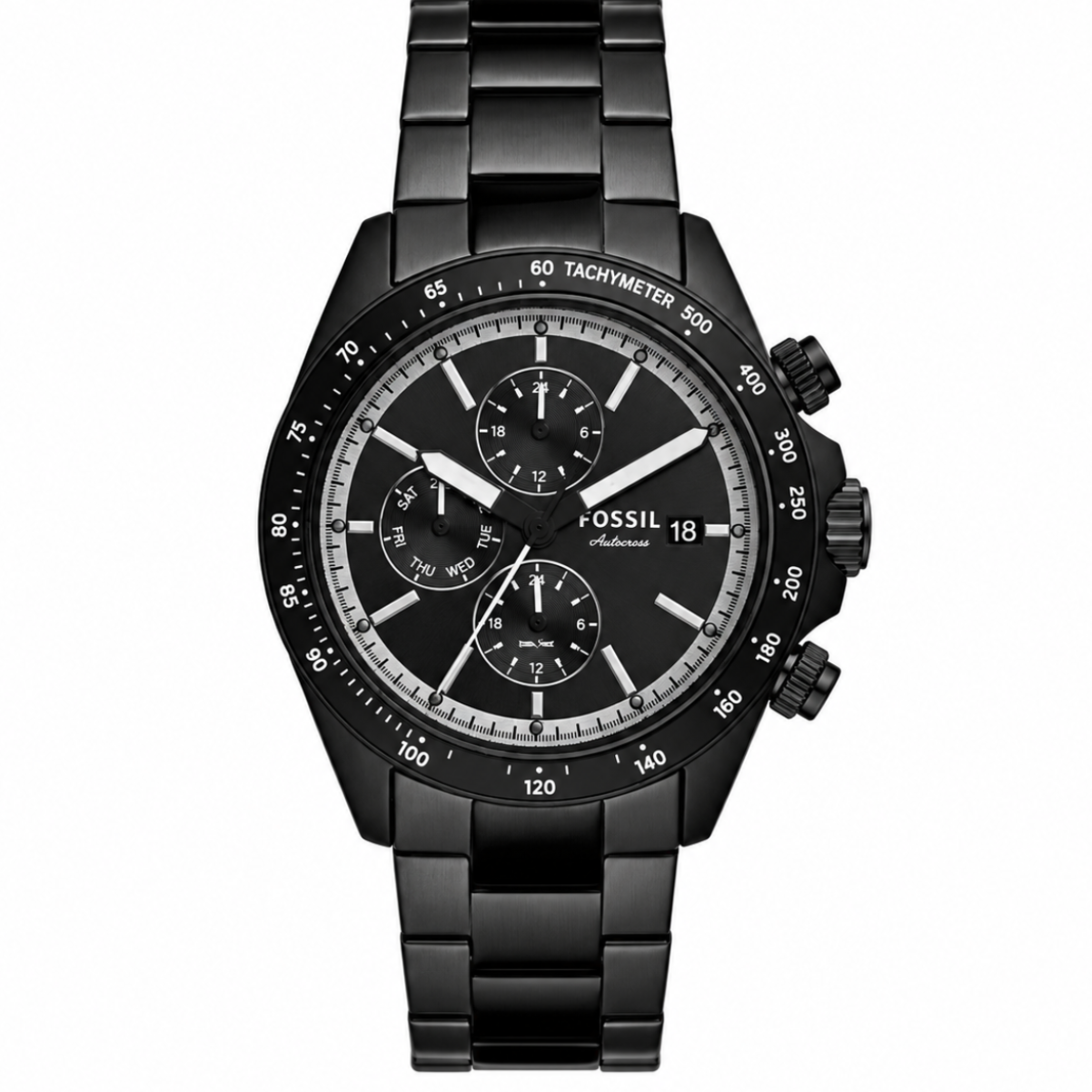 Fossil Autocross Dual Time 42mm Black Dial Black IP Steel Bracelet Watch (FS6125)