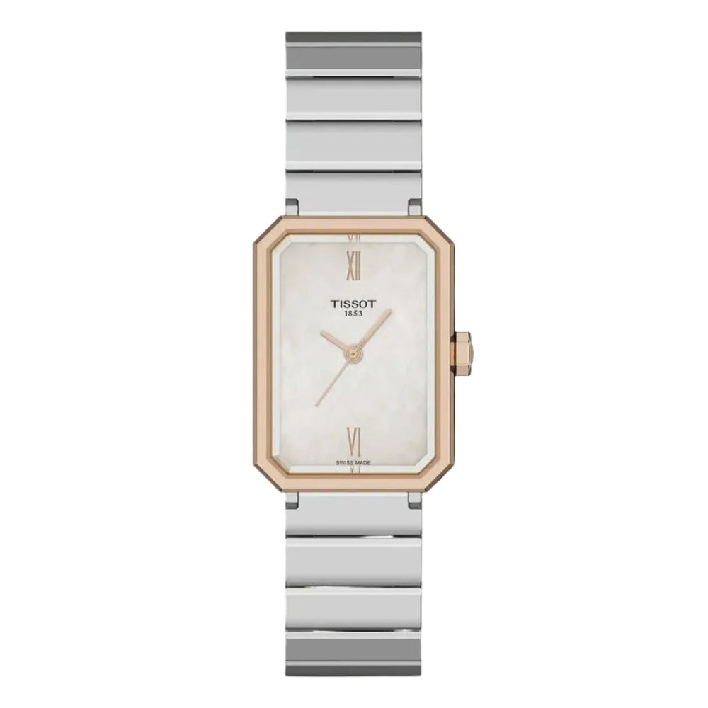 Tissot SRV rectangular rose gold-tone watch with Mother of Pearl dial and steel bracelet