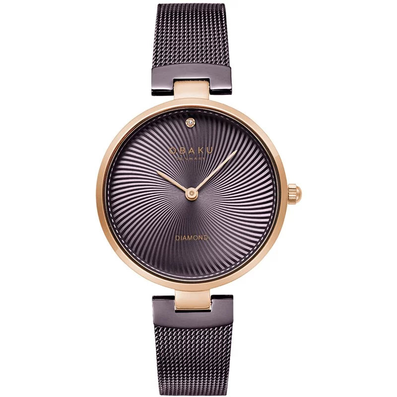 Obaku Diamant Quartz Brown Sunray Dial Rose Gold Mesh Bracelet Ladies Watch (V256LXVNMN)