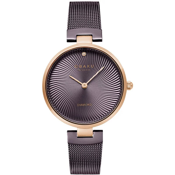 Obaku Diamant Quartz Brown Sunray Dial Rose Gold Mesh Bracelet Ladies Watch (V256LXVNMN)