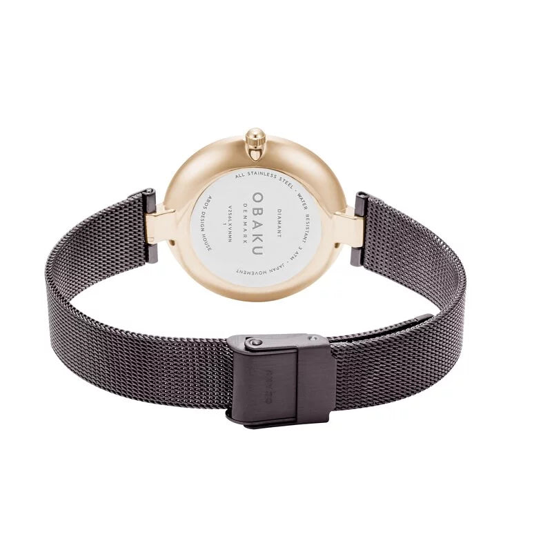 Obaku Diamant Quartz Brown Sunray Dial Rose Gold Mesh Bracelet Ladies Watch (V256LXVNMN)