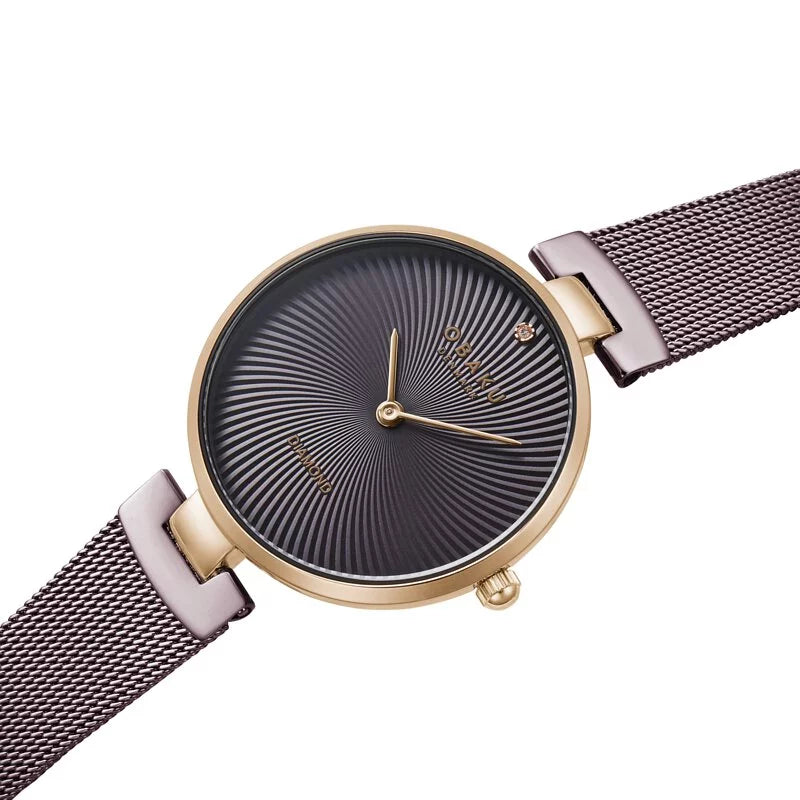 Obaku Diamant Quartz Brown Sunray Dial Rose Gold Mesh Bracelet Ladies Watch (V256LXVNMN)