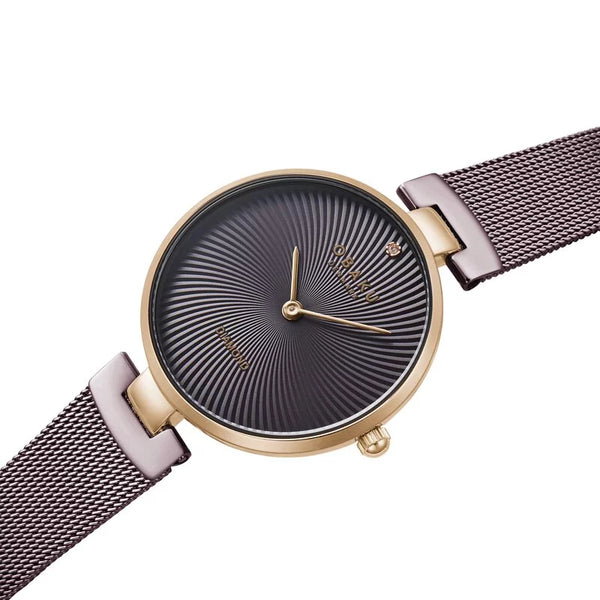 Obaku Diamant Quartz Brown Sunray Dial Rose Gold Mesh Bracelet Ladies Watch (V256LXVNMN)