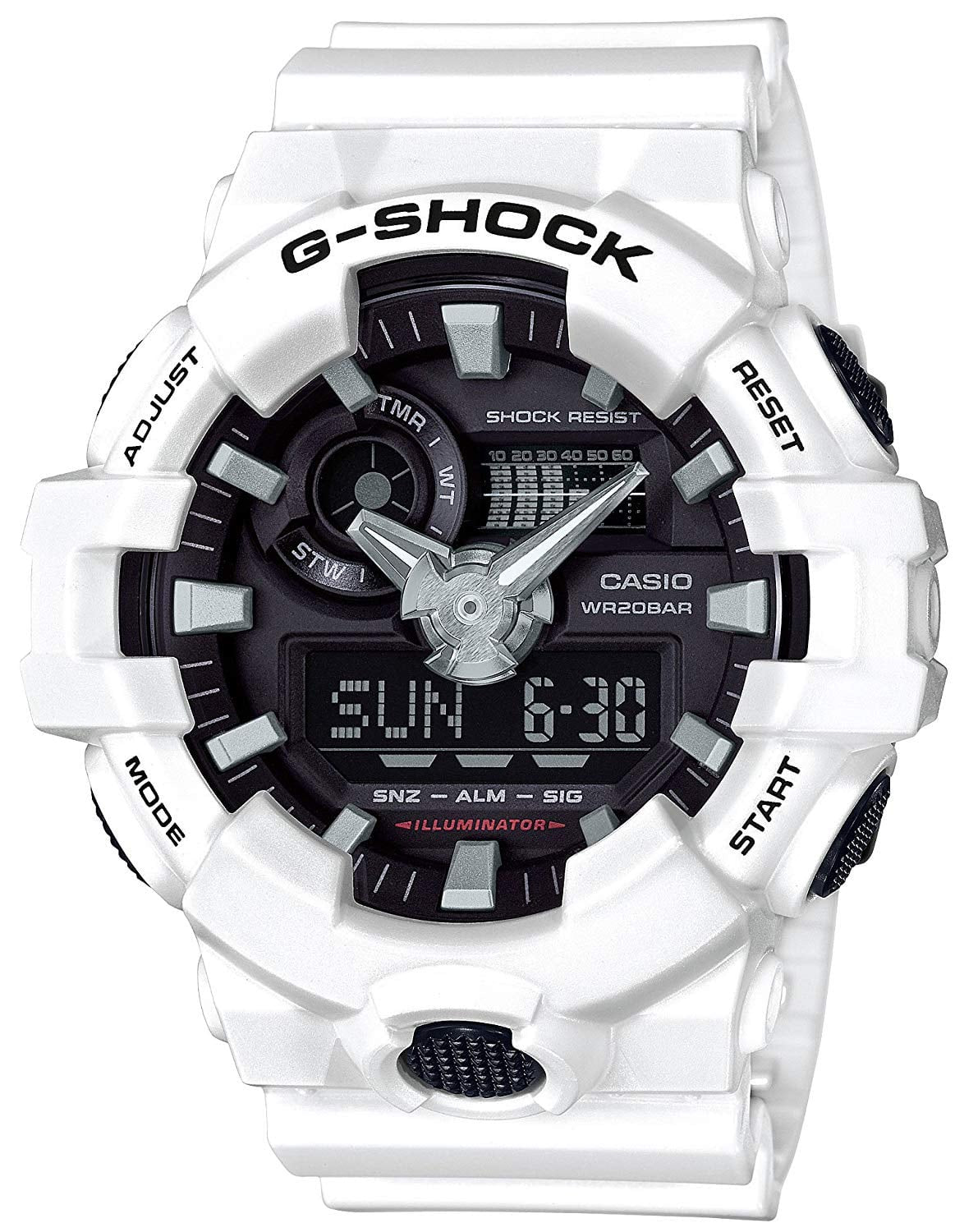 Casio G-Shock GA-700-7ADR white resin analogue-digital watch with black dial and 200m water resistance