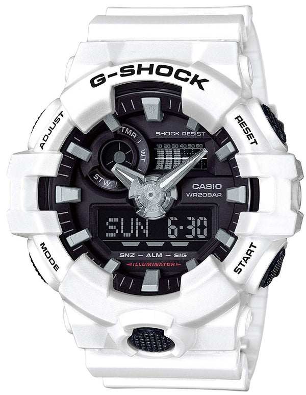 Casio G-Shock GA-700-7ADR white resin analogue-digital watch with black dial and 200m water resistance