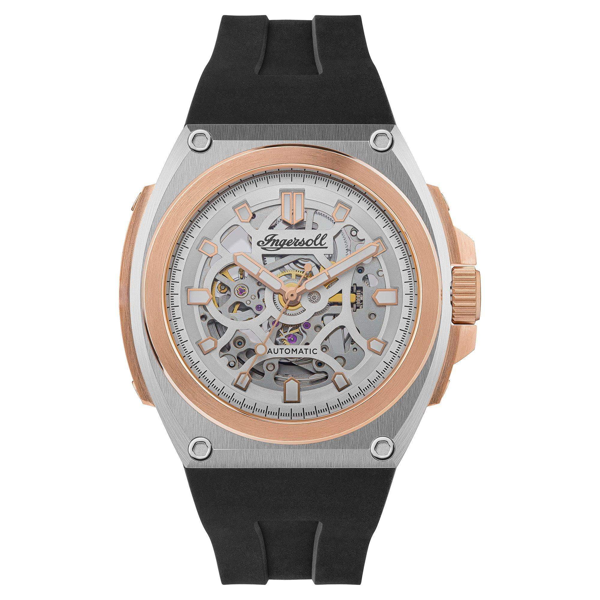 Ingersoll The Motion I11703 automatic skeleton dial watch with two-tone stainless steel case and black rubber strap