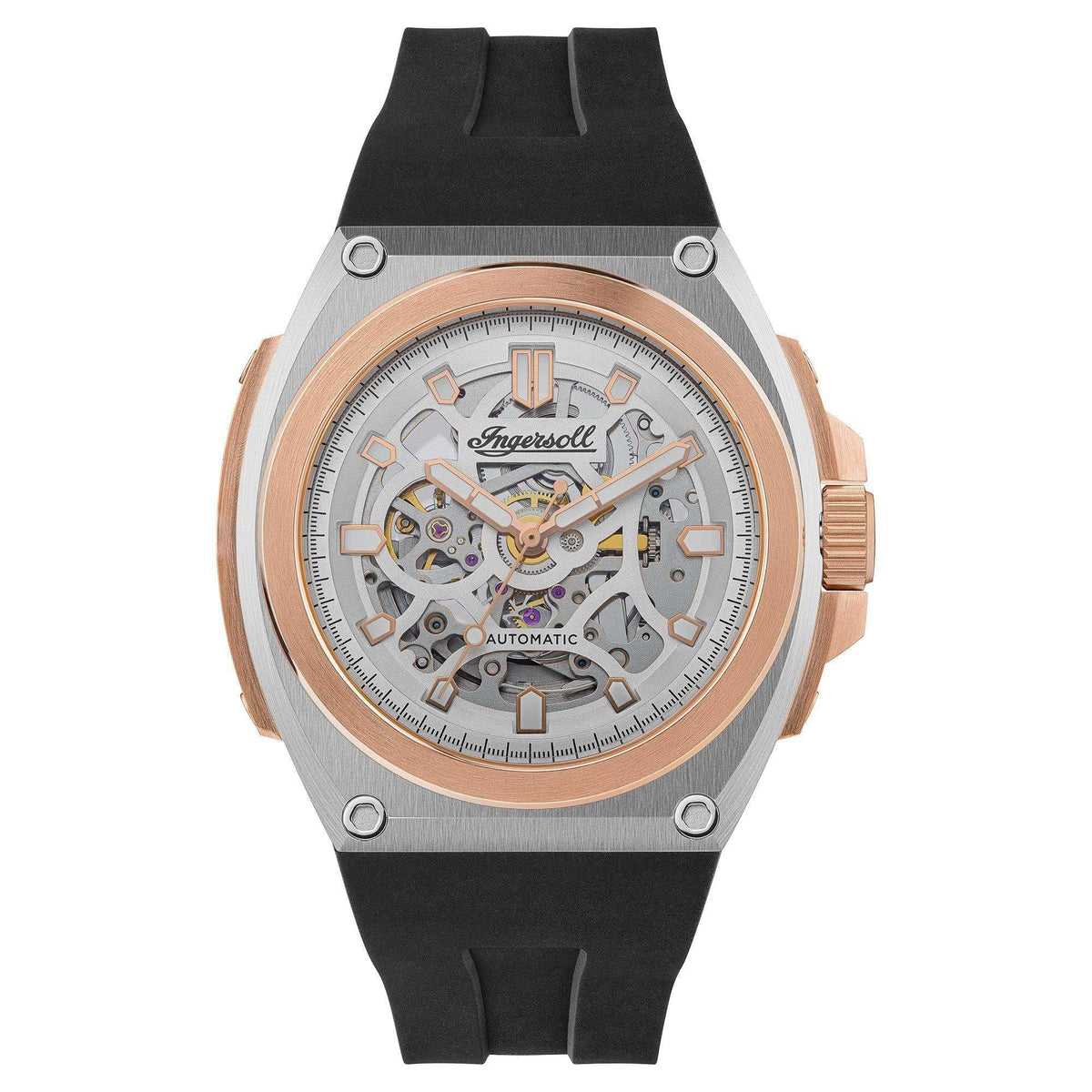Ingersoll The Motion I11703 automatic skeleton dial watch with two-tone stainless steel case and black rubber strap
