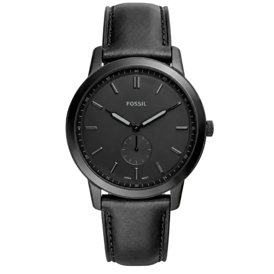 Fossil Minimalist 44mm Black Dial Black IP Steel Case Leather Strap Watch (FS5447)