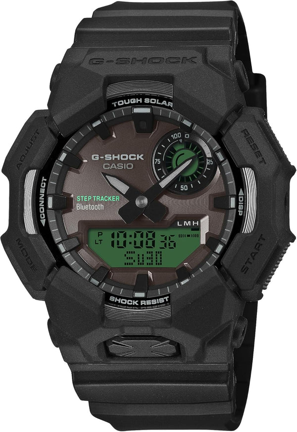 Casio G-Shock GA-B010BEG-1A Tough Solar analog-digital watch with black resin case and grey dial featuring green LCD step tracker display