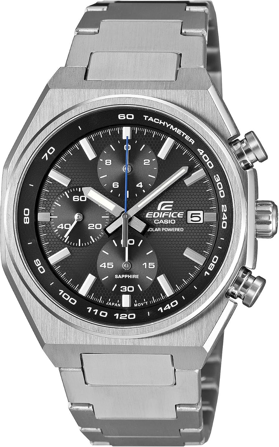 Casio Edifice EFS-S660D-1AVDF solar powered chronograph watch with black dial, sapphire crystal, tachymeter bezel, and stainless steel bracelet