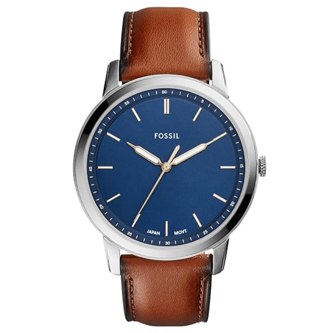Fossil Minimalist Quartz Blue Dial Stainless Steel Brown Leather Watch (FS5304)