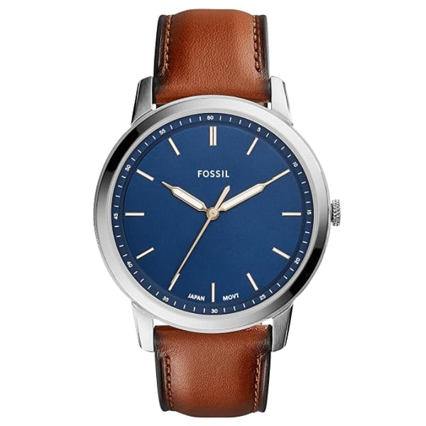 Fossil Minimalist Quartz Blue Dial Stainless Steel Brown Leather Watch (FS5304)