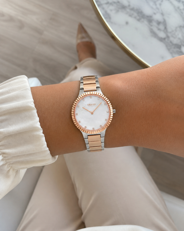 Obaku Linje Lille Quartz White MOP Dial Two-Tone Rose Gold & Stainless Steel Ladies Watch (V292LXZWSH)