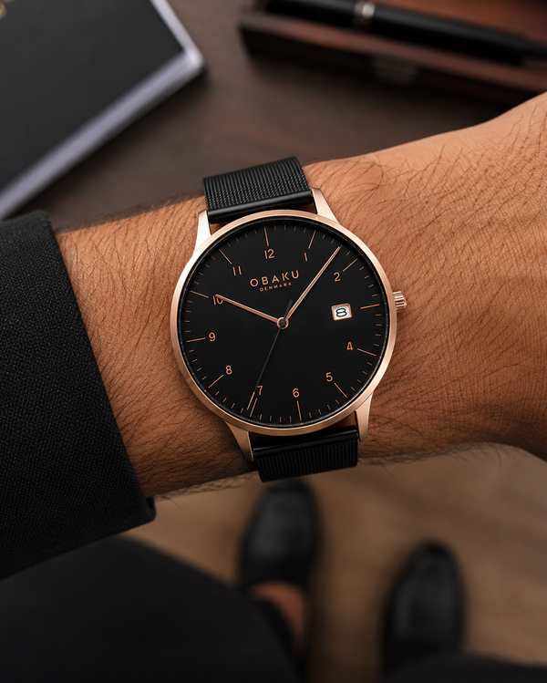 Obaku Chia-Night Quartz Black Dial Rose Gold Case Mesh Bracelet Watch (V298GDVBMB)
