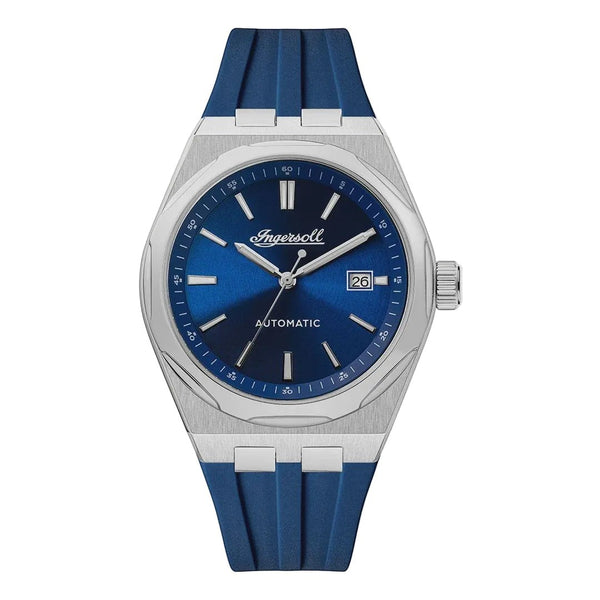 Ingersoll The Rider I16802 automatic watch with blue sunburst dial, stainless steel case, and blue polyurethane strap