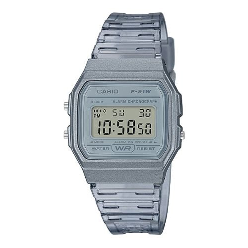 Casio F-91WS-8DF translucent grey digital watch with square resin case and integrated bracelet