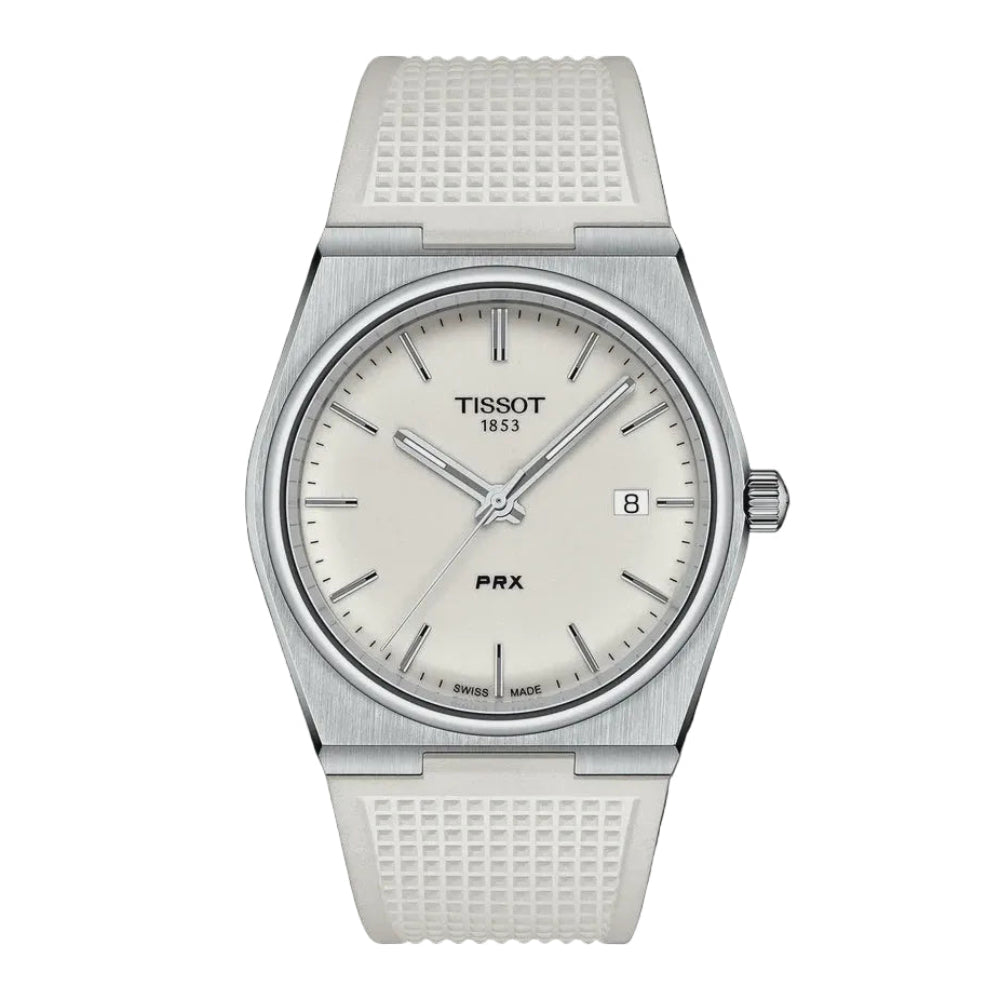 Tissot PRX quartz watch 40mm stainless steel case silver dial white textured rubber strap Swiss made timepiece