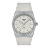 Tissot PRX quartz watch 40mm stainless steel case silver dial white textured rubber strap Swiss made timepiece