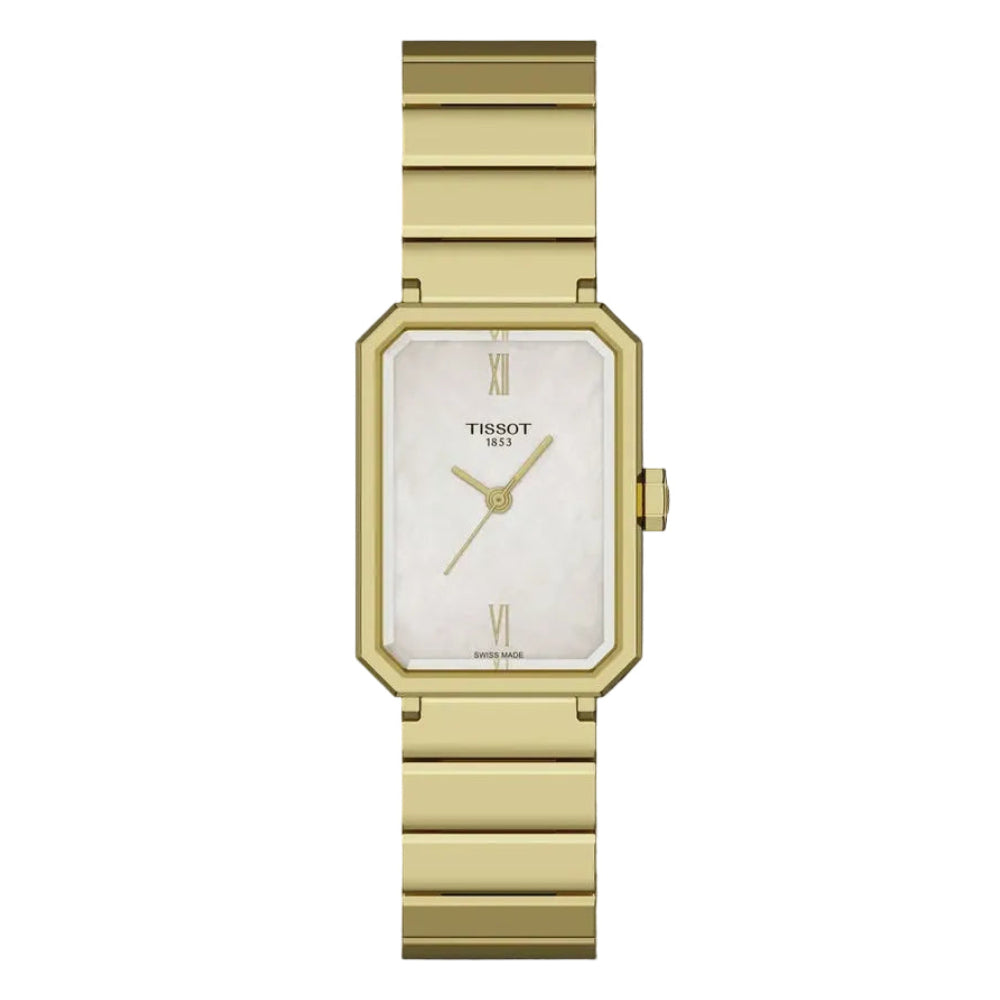 Tissot SRV 30mm rectangular watch with Mother of Pearl dial and gold-tone steel bracelet