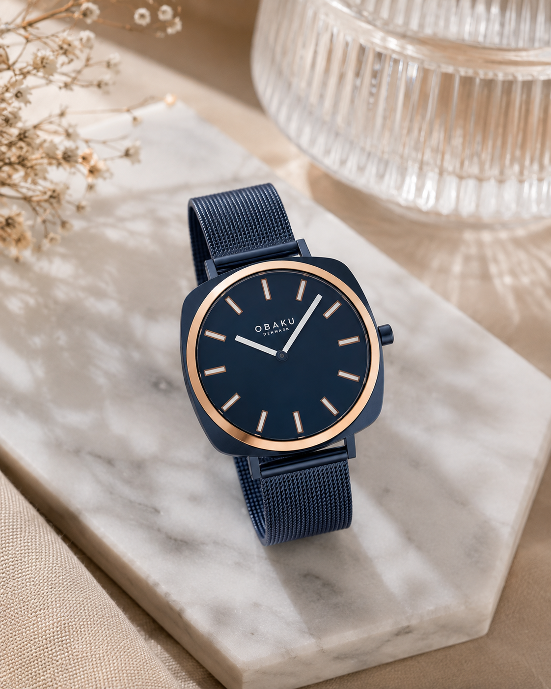 Obaku Punkter Lille Ocean Quartz Blue Dial IP Blue Mesh Ladies Watch (V296LXSLML)