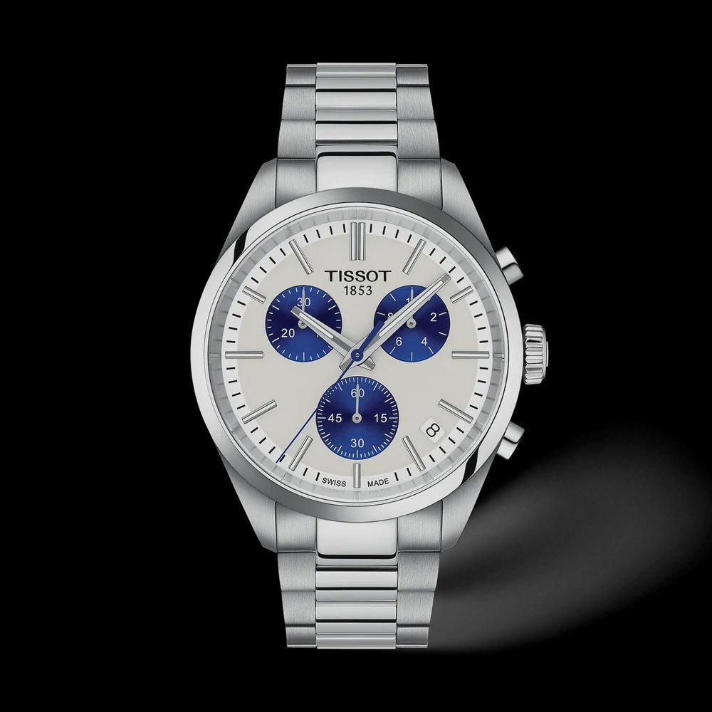 Tissot PR 100 Chronograph White Dial Blue Subdials Stainless Steel Watch T150.417.11.011.00 on black background