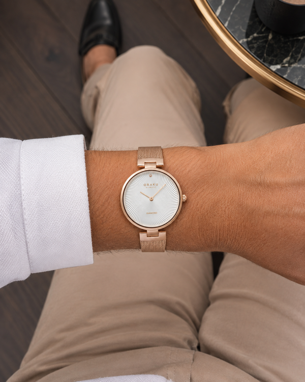 Obaku Diamant Quartz Rose Gold Mesh Diamond Dial Ladies Watch (V256LXVIMV)