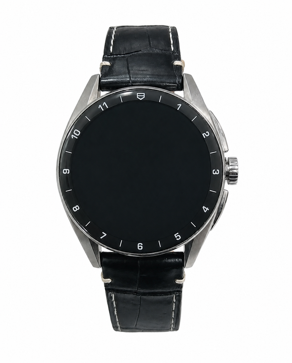 TAG Heuer Connected Calibre E4 smartwatch with 42mm round stainless steel case, black AMOLED dial, and black leather strap, pre-owned at Cassims & Co.
