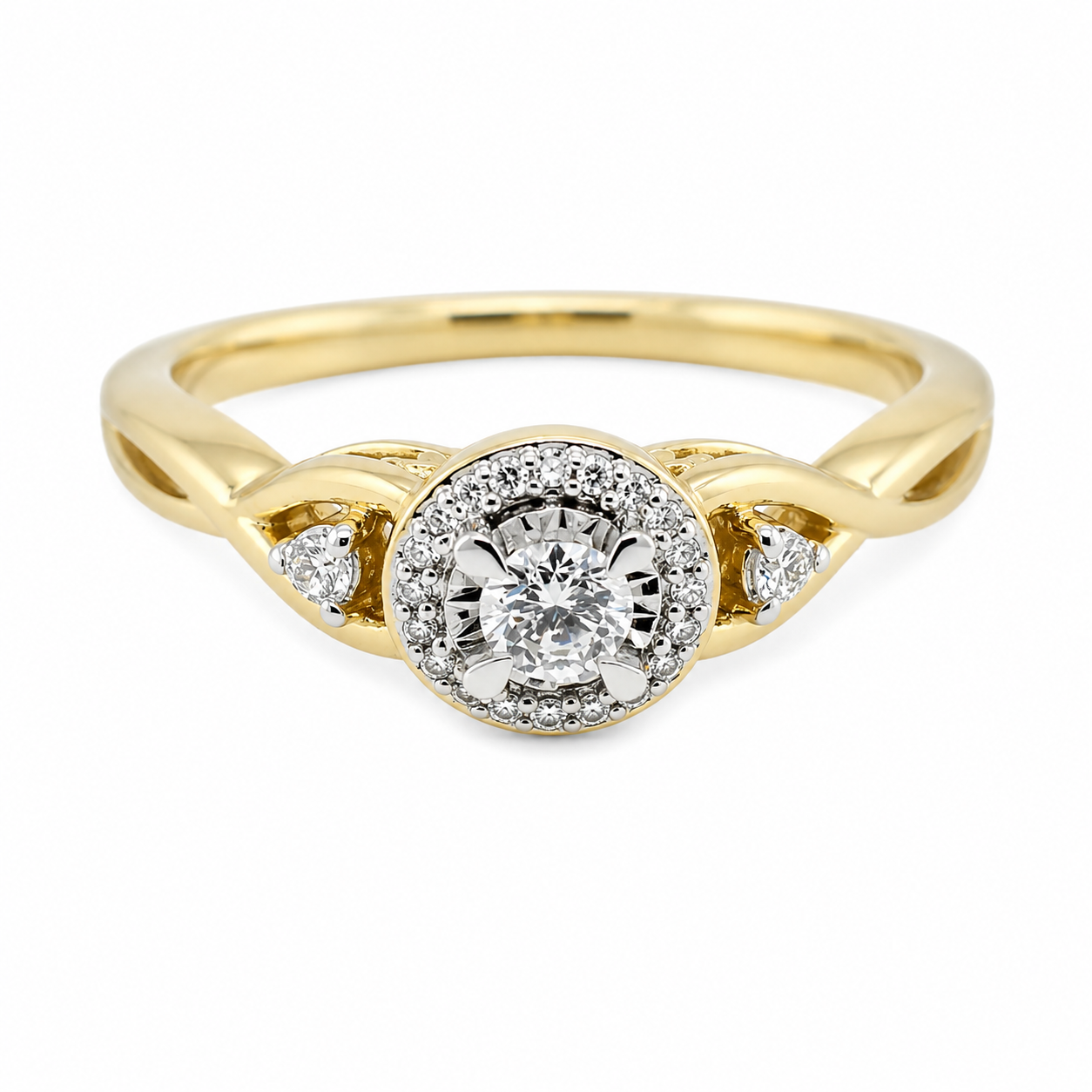 9ct yellow gold diamond halo engagement ring with round brilliant centre stone and pavé accents