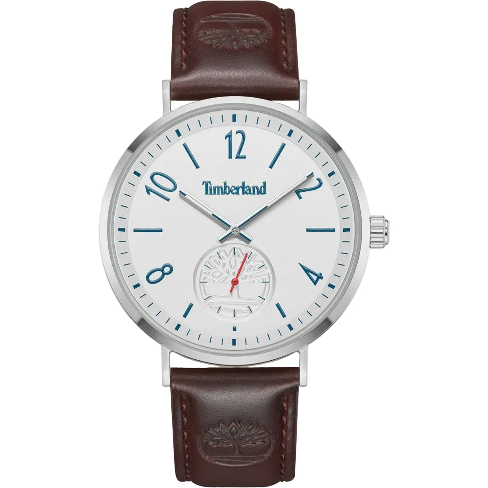 Timberland Rangeley watch with white dial, blue numerals, steel case and leather strap