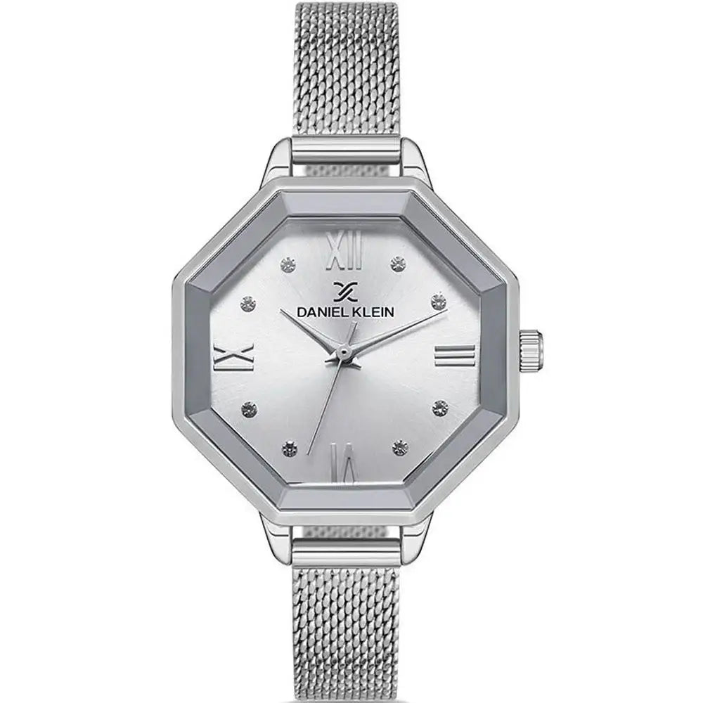 Daniel Klein DK112831-1 women's quartz watch with octagonal stainless steel case, silver sunray dial with Roman numerals and crystal markers, and polished mesh bracelet