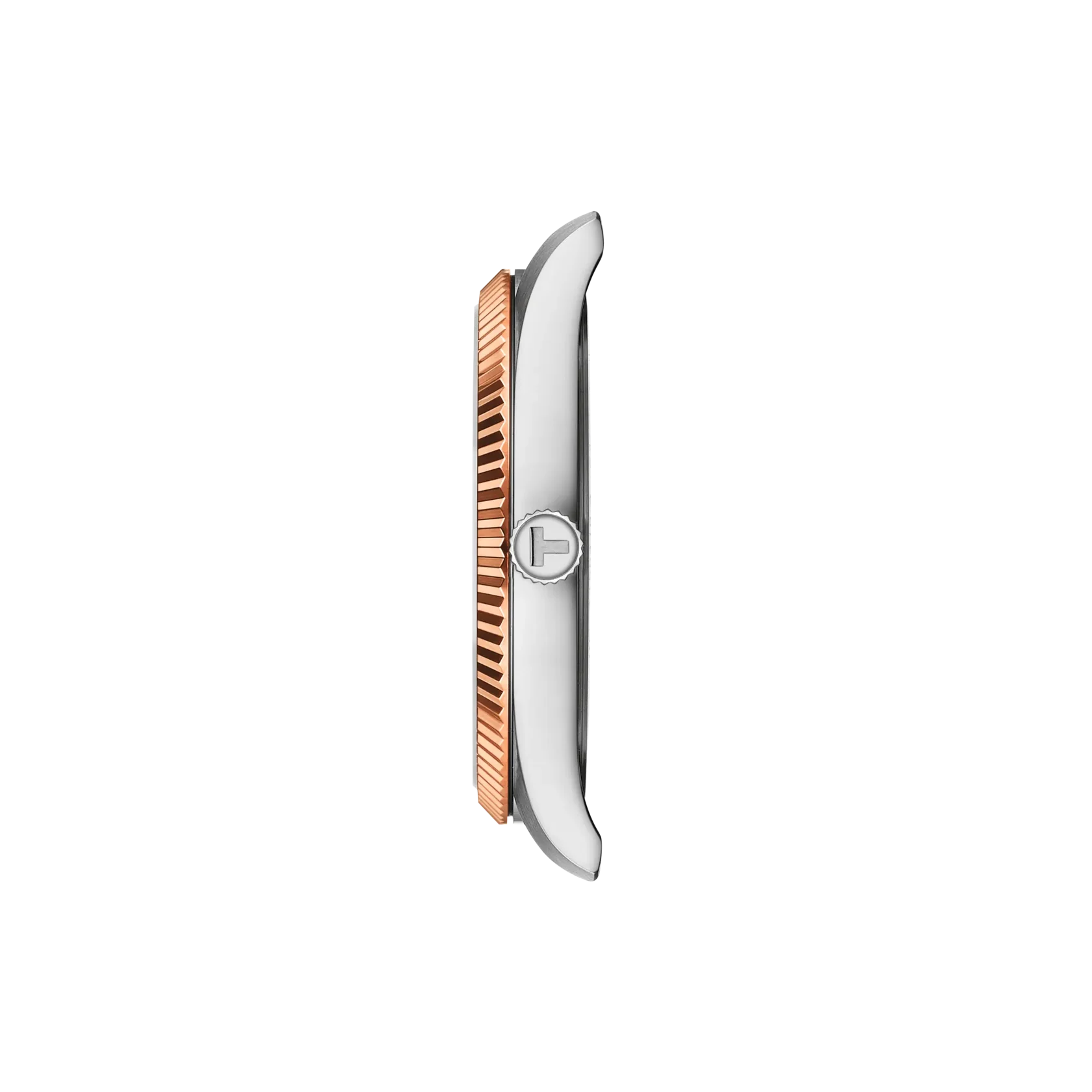 Two-tone stainless steel case with fluted rose gold PVD bezel and sapphire crystal