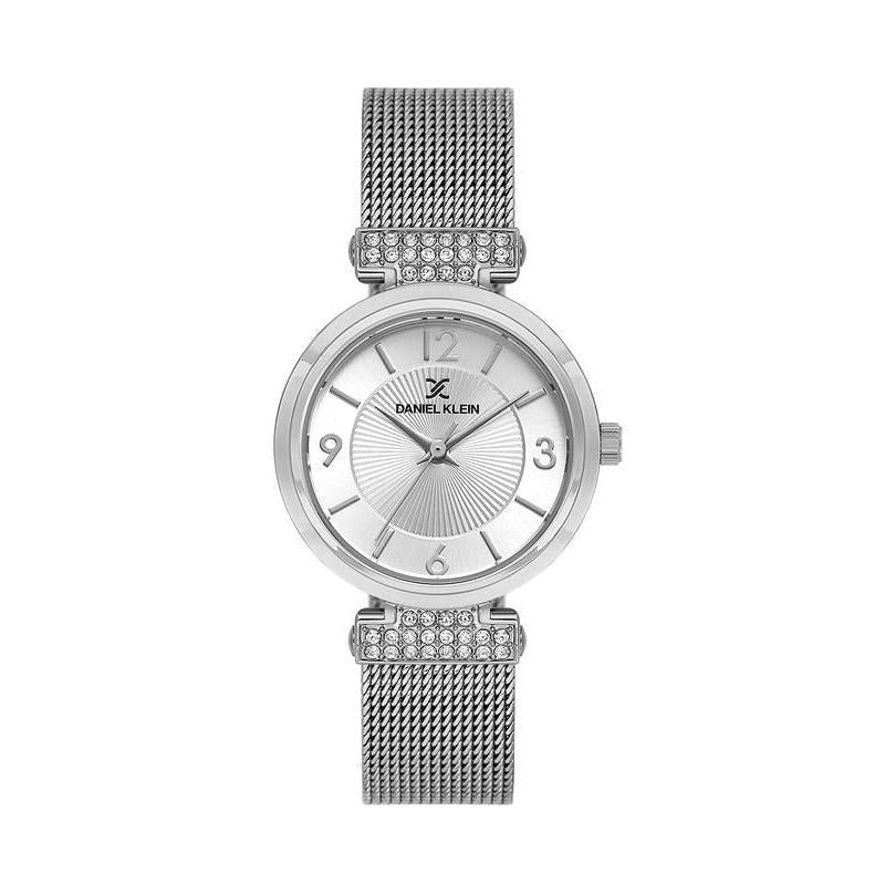 Daniel Klein DK1.13966-1 ladies quartz watch with silver sunray dial, crystal-set lugs, and stainless steel mesh bracelet on white background
