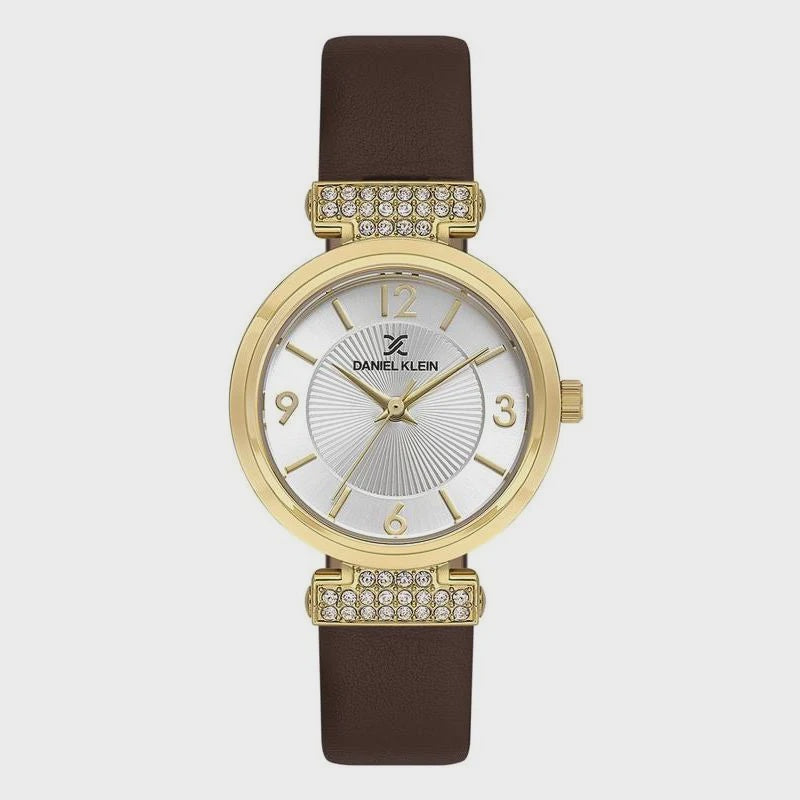Daniel Klein DK113967-4 ladies quartz watch with gold-tone case, crystal-set lugs, sunray white dial, and brown leather strap