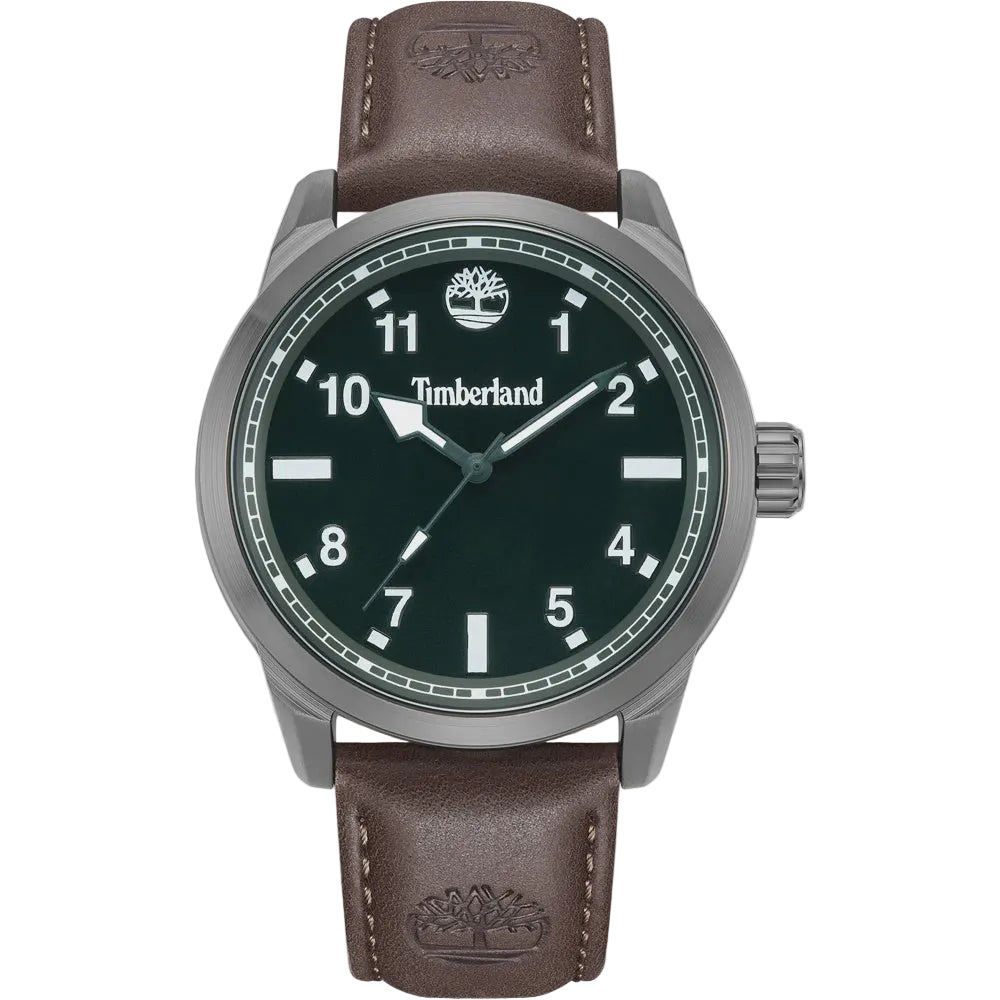 Timberland Henniker TDWGA0109702 quartz watch with 44mm gunmetal case, green dial with Arabic numerals, and brown leather strap