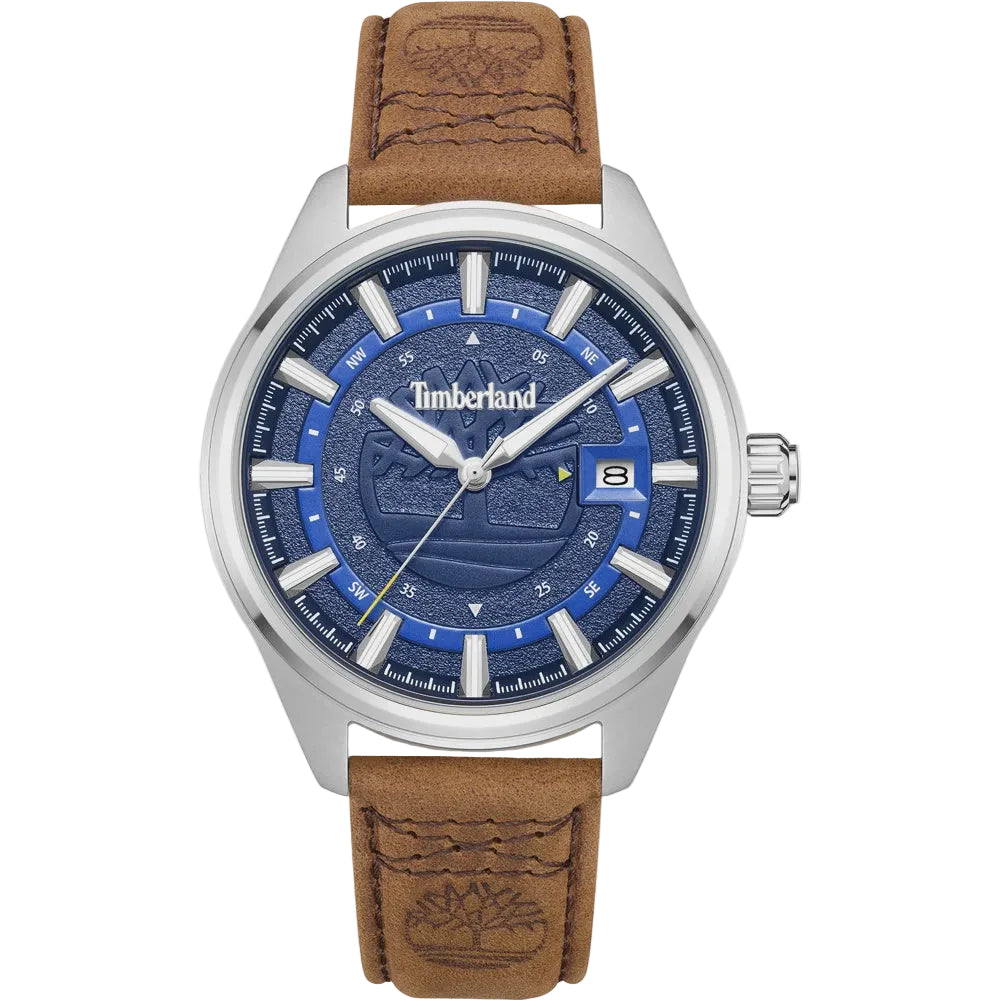Timberland Northbridge TDWGB0109801 quartz watch with 43mm stainless steel case, blue textured dial, date display, and tan leather strap
