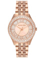 Michael Kors Harlowe 38mm rose gold-tone quartz watch with pavé crystal bezel, sunray dial with Roman numerals, and stainless steel bracelet with crystal-set centre links