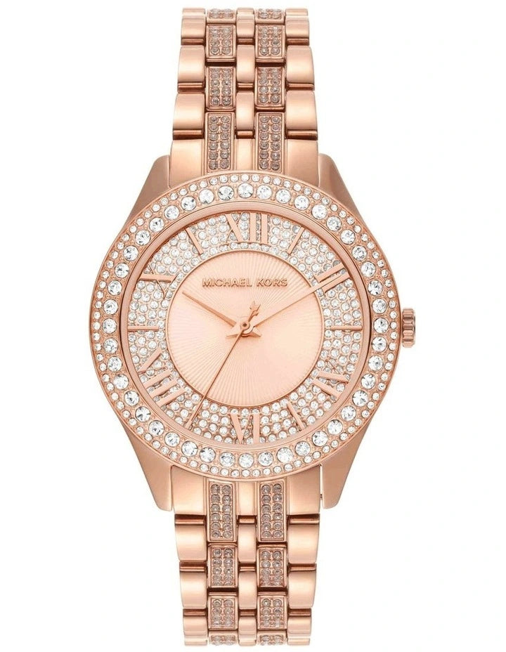 Michael Kors Harlowe 38mm rose gold-tone quartz watch with pavé crystal bezel, sunray dial with Roman numerals, and stainless steel bracelet with crystal-set centre links